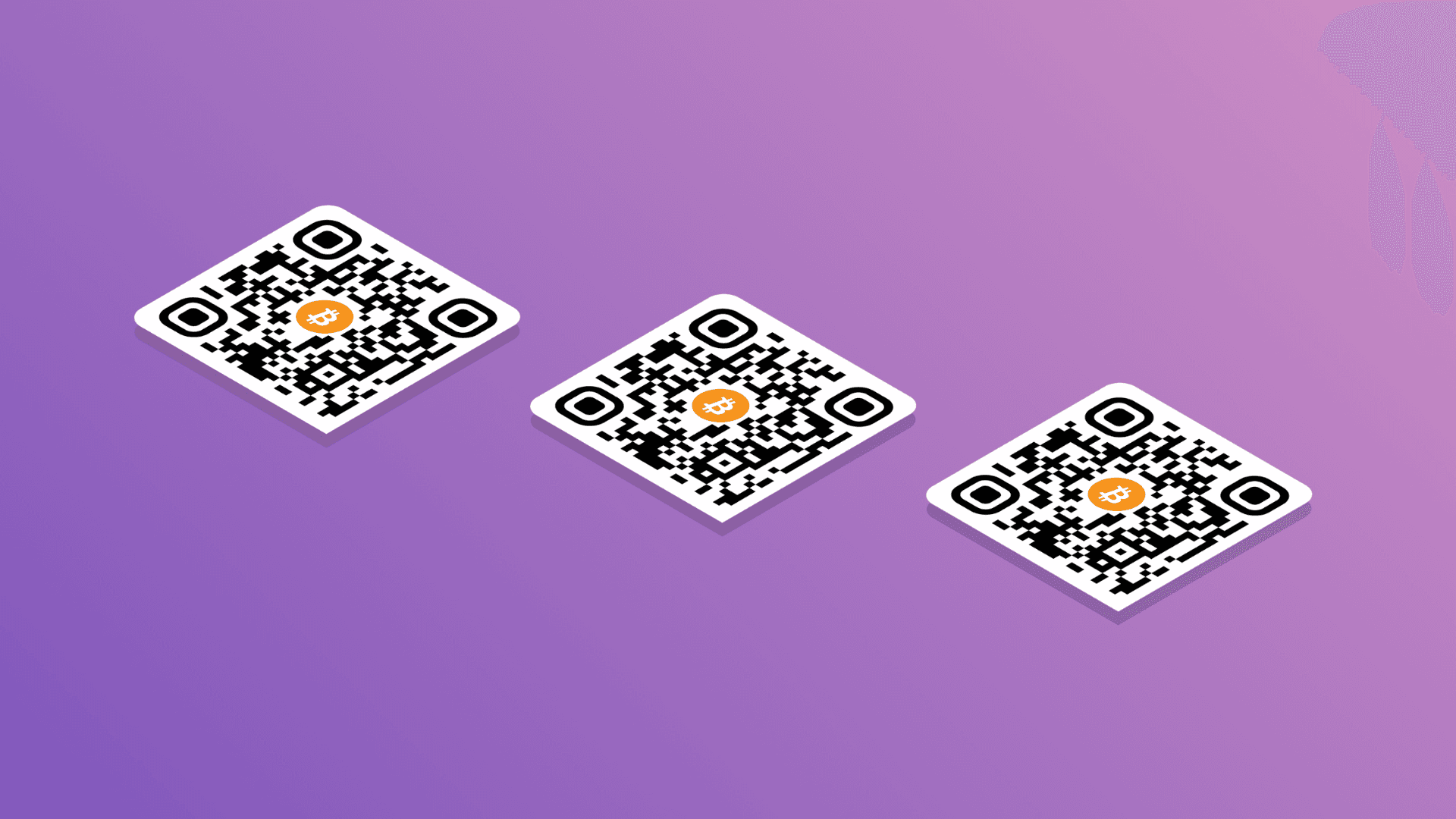 three aligned qr codes with bitcoin addresses on them